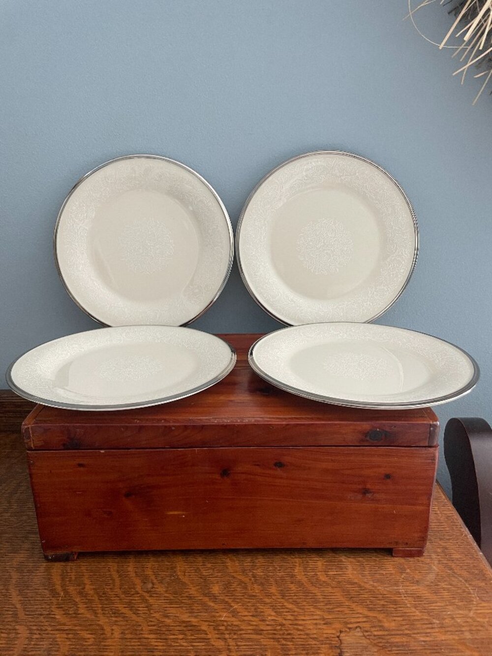 4 Lenox Moonspun Salad Plates 8.25" Across USA Silver Platinum Trim Ivory White